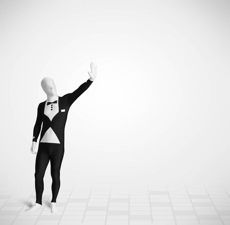 Funny guy in morphsuit body suit looking at empty copy spaceの写真素材