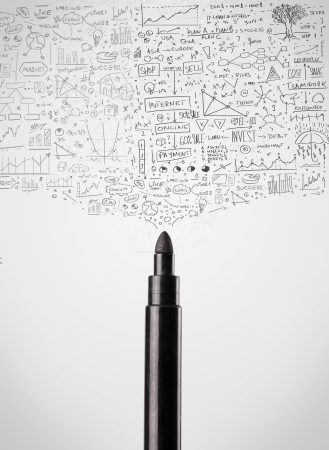 Coloured felt pen close-up with sketchy diagramsの写真素材