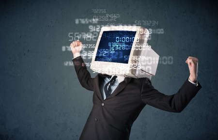 Human monitor pc calculating computer data on a blue screenの写真素材