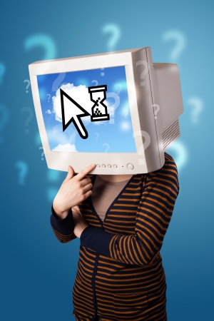 Person with a monitor head and cloud based technology on the screen, blue backgroundの写真素材
