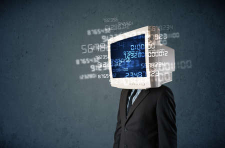 Human monitor pc calculating computer data on a blue screenの写真素材