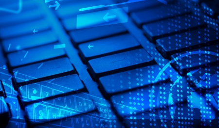 Computer keyboard with glowing icons, technology conceptの写真素材