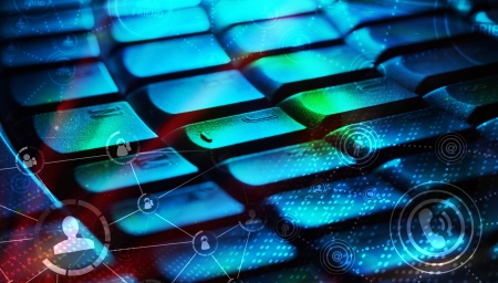 Computer keyboard with glowing icons, social networking conceptの写真素材