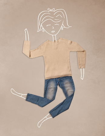 Colorful placed clothes in different actions with woman drawingの写真素材