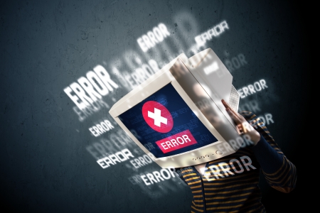 Female monitor head with multiple error signs on the displayの写真素材