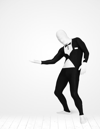 man in full body suit presenting your product over white backgroundの写真素材