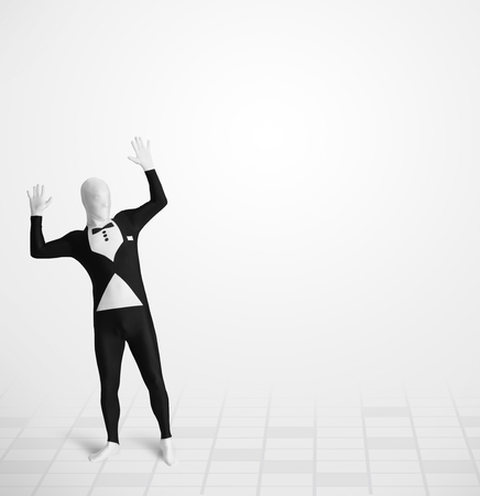 Funny guy in morphsuit body suit looking at empty copy spaceの写真素材
