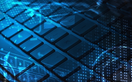 Computer keyboard with glowing icons, technology conceptの写真素材