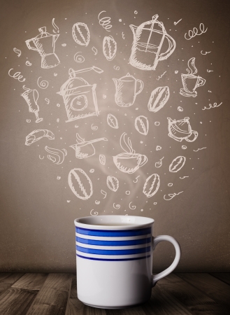Coffee mug with hand drawn kitchen accessories, close upの写真素材