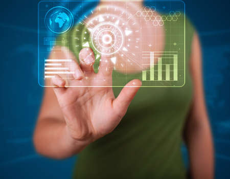Young woman pressing high tech type of modern buttons