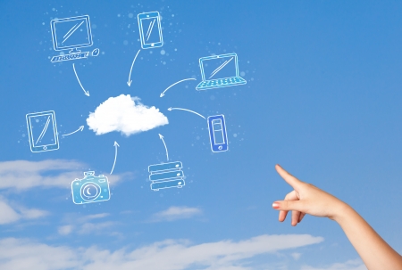 Hand aiming at cloud computing concept on blue skyの写真素材