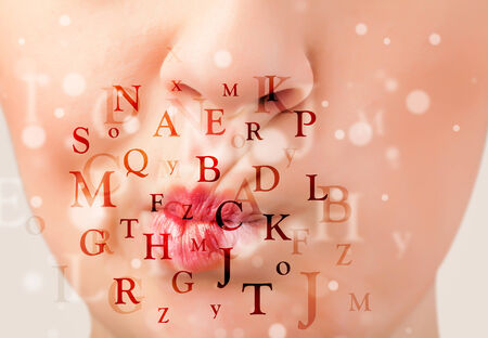 Beautiful girl lips breathing fonts and characters close upの写真素材