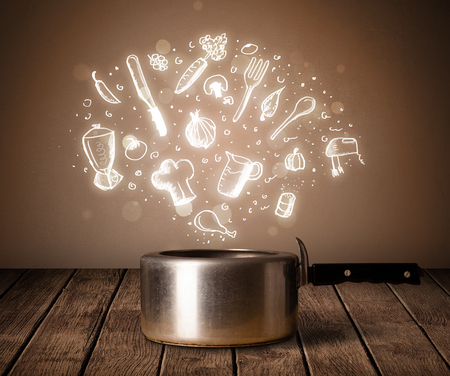 Shiny cooking icons coming out from cooking potの写真素材