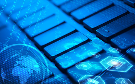 Computer keyboard with glowing globe and multimedia icons