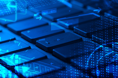 Computer keyboard with glowing icons, technology conceptの写真素材