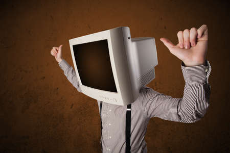 Business man with a monitor on his head concept and brown empty space