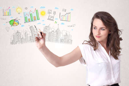Cute woman sketching city and graph icons and symbolsの写真素材