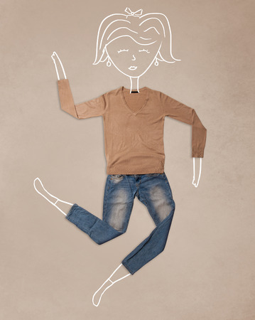 Colorful placed clothes in different actions with woman drawingの写真素材