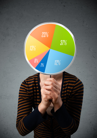 Young lady holding a colorful pie chart in front of her headの写真素材