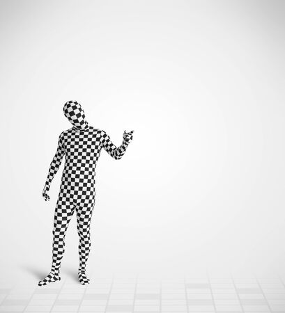 Funny guy in morphsuit body suit looking at empty copy spaceの写真素材