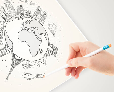 Hand drawing vacation trip around the globe with landmarks and major cities の写真素材