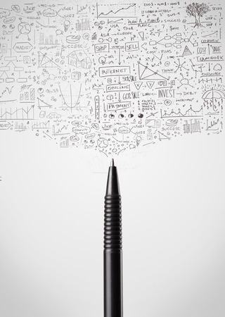 Pen close-up with sketchy diagramsの写真素材