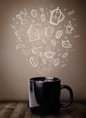Coffee mug with hand drawn kitchen accessories, close upの写真素材