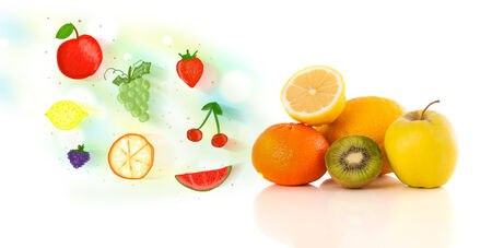 Colorful fruits with hand drawn illustrated fruits on white backgroundの写真素材