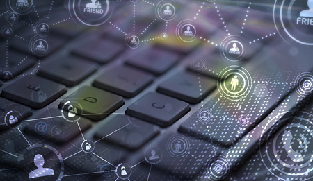 Computer keyboard with glowing icons, social networking conceptの写真素材