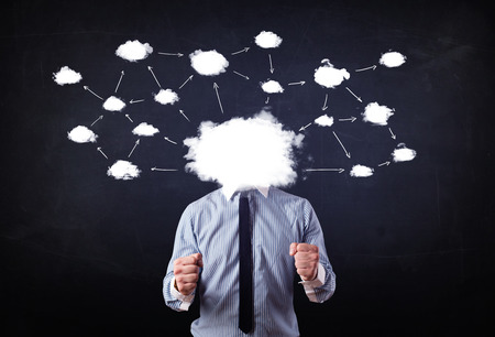 Business man with cloud network head on grungy backgroundの写真素材