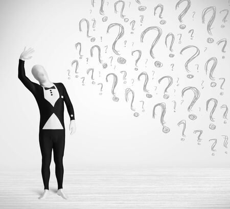 3d human character is body suit morphsuit looking at hand drawn question marksの写真素材