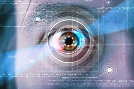 Modern cyber man with technolgy eye looking