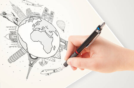 Hand drawing vacation trip around the globe with landmarks and major cities の写真素材