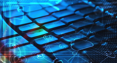 Computer keyboard with glowing cloud computing and multimedia icons