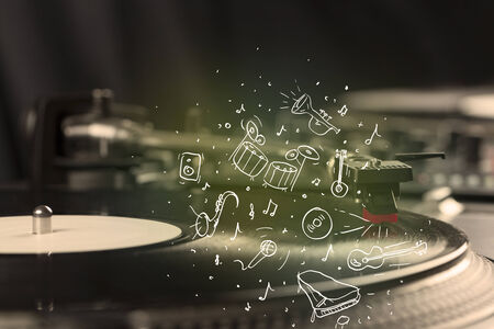 Turntable playing classical music with icon drawn instruments concept on background
