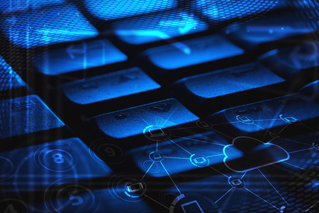 Computer keyboard with glowing cloud computing and multimedia iconsの写真素材