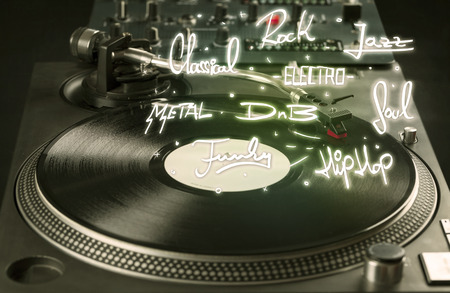 Turntable with vinyl and music genres writen concept on background