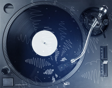 Turntable playing music with hand drawn cross lines concept on background