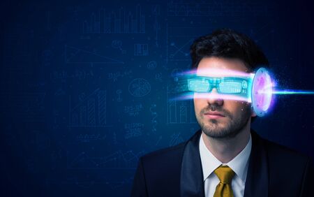 Man from future with high tech smartphone glasses conceptの写真素材