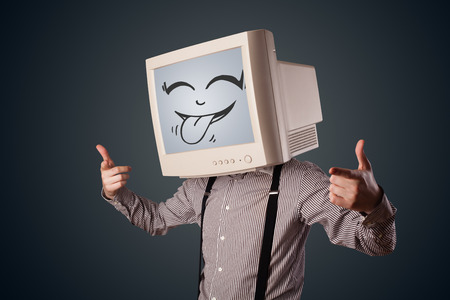 Happy business man with a computer monitor screen and a smiley face