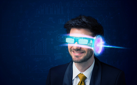 Man from future with high tech smartphone glasses concept