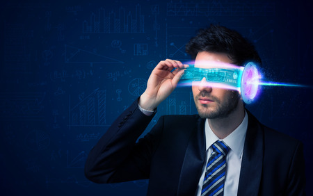 Man from future with high tech smartphone glasses conceptの写真素材