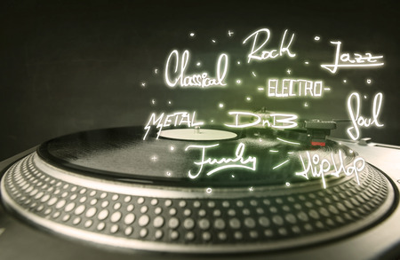 Turntable with vinyl and music genres writen concept on background