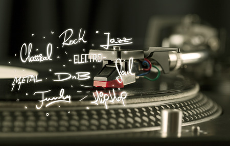 Turntable with vinyl and music genres writen concept on background