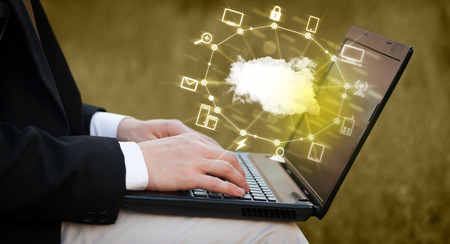 Hand working with a Cloud Computing diagram, new technology concept