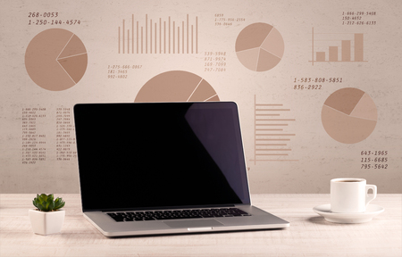 Graphic business office desk with pie charts and graphs on the brown sepia background wallの写真素材