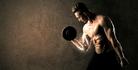 Bodybuilder lifting weight with energetic white lines concept on backroundの写真素材