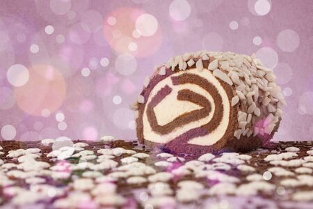 Close up of delicious tasty homemade cakes with bokeh light background