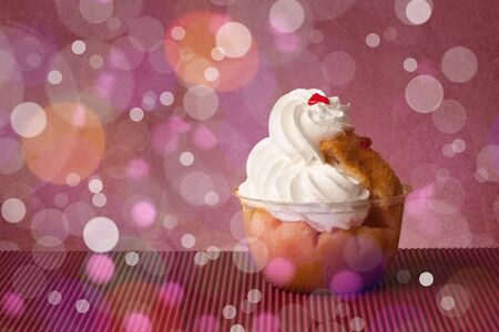 Close up of delicious tasty homemade cakes with bokeh light background