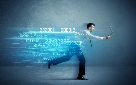 Tech Man Running Business man running with media device and high tech wireless data ...
